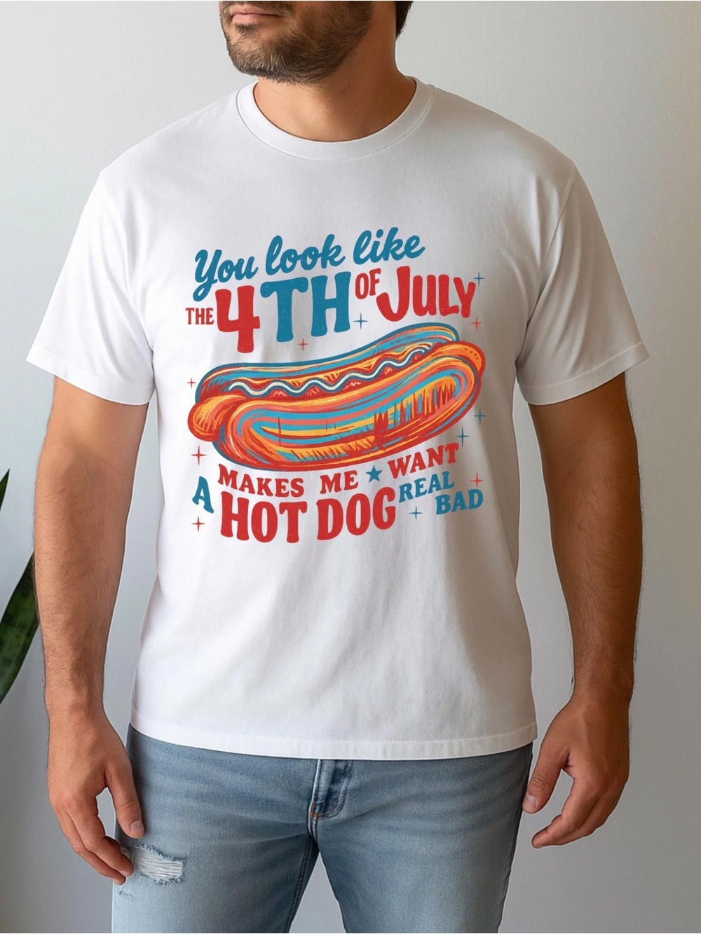 Gildan White Short Sleeve Tee with Red & Blue Patriotic Hot Dog Graphic